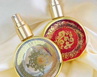 20ml runde Glasparfüm-Sprühflasche, goldenes filigranes griechisches Schlüsselmuster, nachfüllbarer Zerstäuber mit Goldkappe und Zerstäuber, nachfüllbarer Zerstäuber