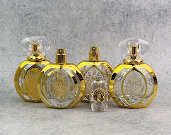 Frasco de perfume spray de vidro com atomizador recarregável de 50ml e tampa de cristal, decantador de fragrância vintage dourado, dispensador de névoa dourado para viagem.