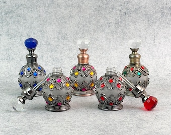 Frasco conta-gotas de vidro cravejado de joias, frasco vintage para óleo de perfume, frasco recarregável para óleo essencial, frasco de attar árabe com strass, frasco de boticário