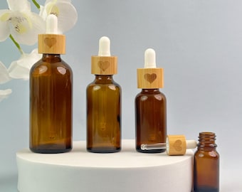 Amber Glass Dropper Bottle, Refillable Serum Bottle with Bamboo Heart Cap, Empty Essential Oil Packaging, Tincture Bottle, Eye Dropper