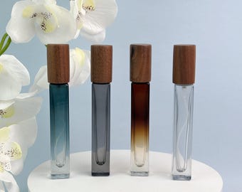 Frasco de vidro quadrado de 10ml para perfume em spray, atomizador recarregável com tampa de madeira, frasco vazio para névoa de fragrância, transparente, azul âmbar fumê, ideal para viagens e projetos DIY.
