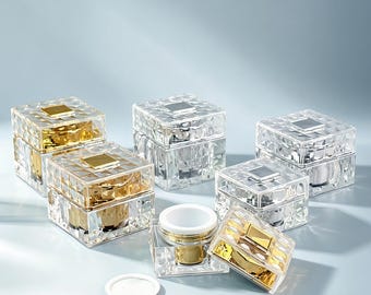 Pote de creme em acrílico, recipiente cosmético quadrado de luxo, pote vazio para creme facial, embalagem recarregável dourada e prateada para cuidados com a pele, ideal para marcas de beleza faça-você-mesmo.