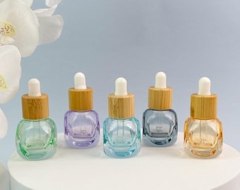 Frasco conta-gotas de vidro colorido de 6ml, frasco de sérum recarregável com tampa de bambu, frasco vazio para amostra de óleo essencial, embalagem para cuidados com a pele faça você mesmo