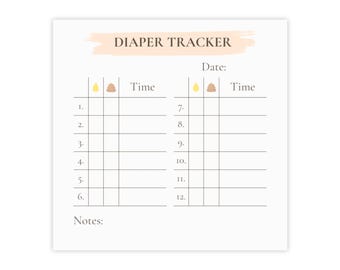 Op de afbeelding: Een witte luier tracker met de woorden "DIAPER TRACKER" in een bruin lettertype. De tracker heeft ruimtes om de datum, tijd en het type luierwissel vast te leggen. Er zijn 12 rijen om bij te houden, met ruimte voor notities onderaan.