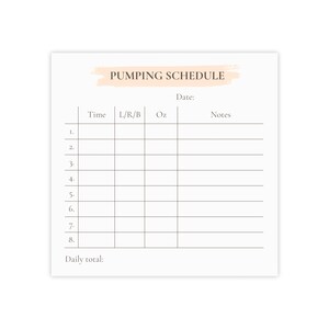 Può includere: Un grafico bianco di Pumping Schedule con un banner color pesca chiaro che recita "Pumping Schedule". Il grafico include colonne per Ora, S/D/B, Oz e Note, con righe numerate per il monitoraggio. La parte inferiore del grafico ha una riga per "Totale giornaliero:"