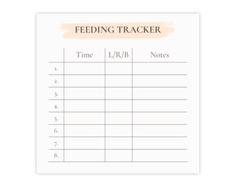 Op de afbeelding: Een witte voedingsvolger met de woorden "FEEDING TRACKER" in een perzikroze banner. De tracker heeft kolommen voor tijd, L/R/B en notities, met genummerde rijen om bij te houden. Een eenvoudig en overzichtelijk ontwerp.