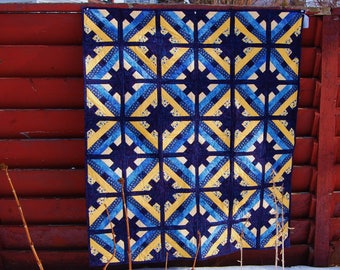 Blue and Yellow Lap Quilt: Geometric Batik Design, Cotton Batting
