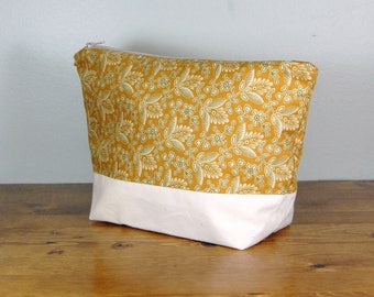 Gold Floral Cosmetic Bag: Cotton Canvas Toiletry Travel Pouch