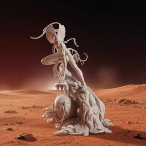 May include: A white sculpture of a figure with elaborate headwear and flowing appendages, posed atop a textured, organic form. The background depicts a desert landscape under a starry sky, with reddish-brown hues.