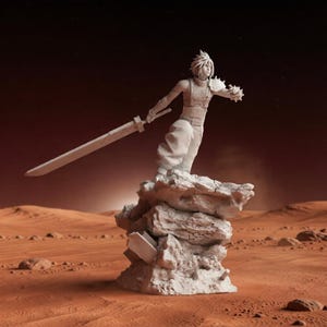 May include: A white figurine of a character from Final Fantasy, posed with a large sword. The figure stands atop a rocky base, set against a reddish-brown desert landscape. The character is wearing armor and pants.