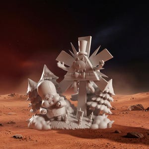 May include: A white 3D-printed sculpture featuring a stylized figure with a top hat and a triangular form with an eye. The sculpture includes a figure in a coat and pine trees, set against a reddish-brown landscape.