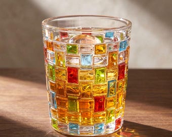 Colorful Crystal Whiskey Glass | Rainbow Old Fashioned Tumbler | Vintage Cut Glass Barware | Bourbon Glass | Luxury Home Bar Gift