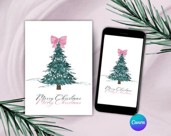Bewerkbare kerstkaartbundel, groene boom roze strik (digitaal en afdrukbaar)
