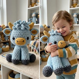 May include: A handmade, light blue crochet cow plushie with yellow and dark gray accents. The stuffed animal has large black eyes and is sitting on a white surface. The plushie is part of a collection of handmade crochet toys.
