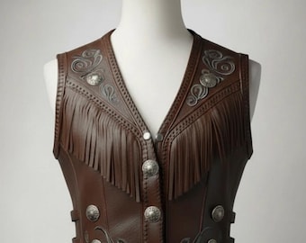 Conjunto de chaleco de cuero con flecos y sombrero de vaquero estilo vaquera occidental / Atuendo bohemio para festivales / Estilo rodeo
