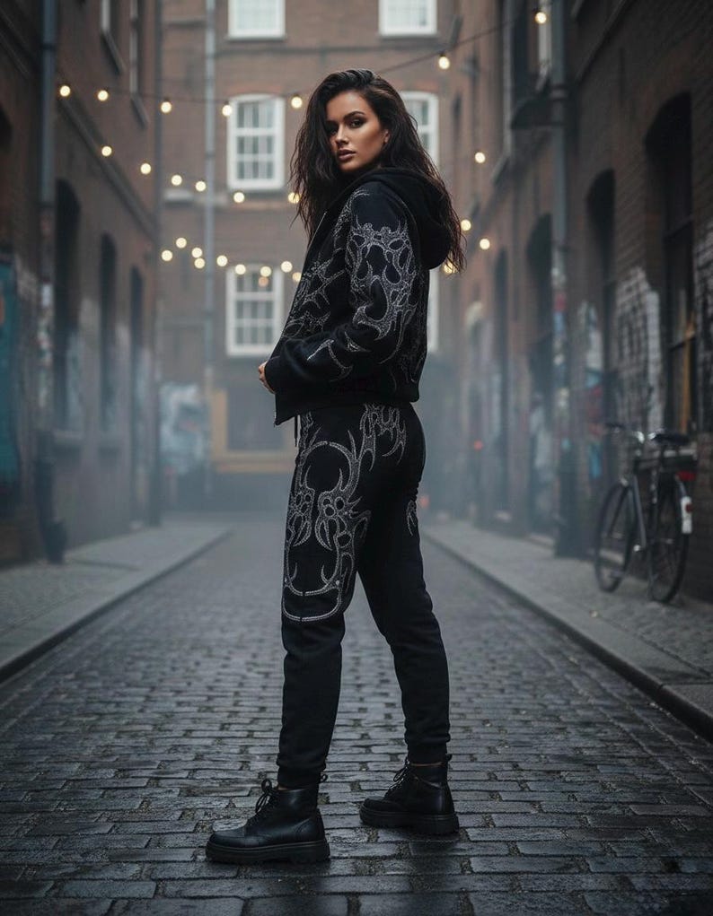 Op de afbeelding: Zwart jack met capuchon en bijpassende broek met een zilveren tribal design. De outfit bevat zwarte combat boots. De persoon staat op een geplaveide straat.