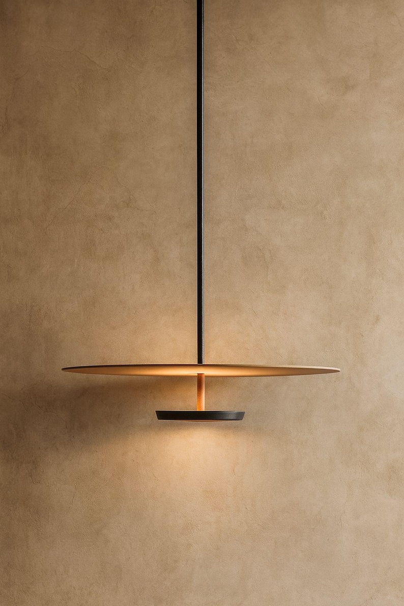 Lámpara colgante LED minimalista Japandi con diseño de disco en hierro y acrílico, iluminación moderna Wabi Sabi de 30 cm y 50 cm.