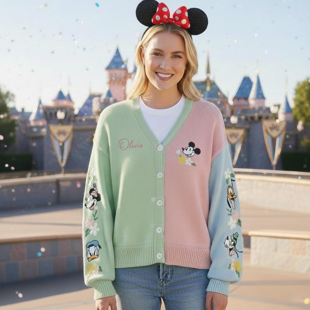 Discover Personalized Disney Mickey Mouse And Friends Spring Pastel Girls Print Cardigan, Disney Cardigan for Women, Cute Aesthetic Disney Outfit