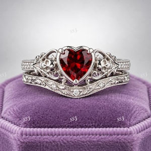 Vintage Gothic Skull 2.0 Ct Ruby Heart Cut Wedding Engagement Ring Set In 925 Sterling Silver,Antique Engagement Ring,Bridal Ring Set