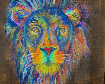 Radient Majesty- Colorful Lion on Barnwood