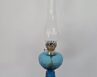 Vintage Blue Glass Kerosene Oil Lamp – Victorian Style Brass Burner Table Decor