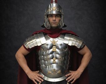 Medieval Muscle Armor Cuirass Set - Greco Roman Helmet with Red Plume, Apron Belt, Bracers & Greaves - Full Knight LARP Cosplay Warrior Suit