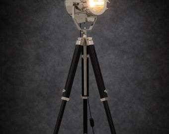 Handcrafted 65" Nautical Tripod Floor Lamp, Vintage Chrome Spotlight, Industrial Standing Light, Retro Movie Studio, Gifts for Home Decor