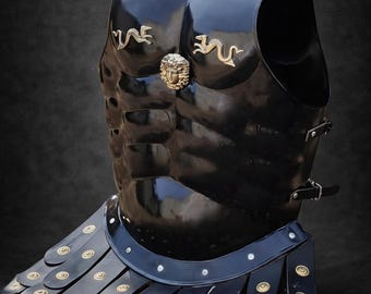 Handcrafted Roman Muscle Armor - Black Finish with Brass Accents | Greek Spartan Cuirass & Apron Belt | Mens Reenactment, Cosplay Costume