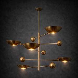 5 Light Mid Century Modern Sputnik Chandelier, 35" Raw Brass Pendant Ceiling Light Fixture, Elegant Lighting for Dining Room or Living Room