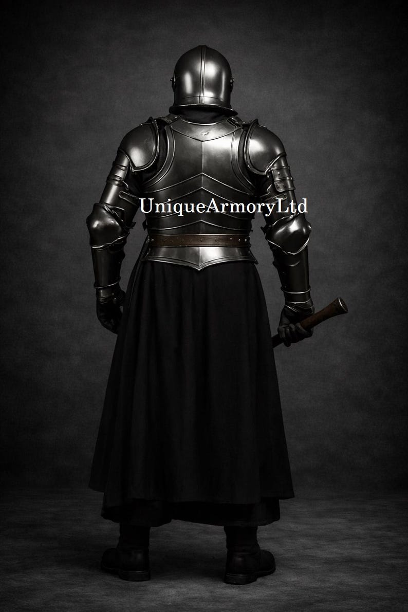 K&ouml;nnte beinhalten: Eine vollst&auml;ndige mittelalterliche R&uuml;stung, von hinten gesehen, mit Helm, Brustplatte und Arm- und Beinschutz. Die R&uuml;stung hat eine dunkle, metallische Farbe. Die Person tr&auml;gt einen langen, schwarzen Rock und h&auml;lt einen Holzkn&uuml;ppel. Der Text "UniqueArmoryLtd" ist sichtbar.
