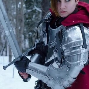May include: A person in medieval armor holding a long sword. The armor is silver and covers the chest, shoulders, and arms. A red cloak is draped over the shoulders. The background is a snowy forest.