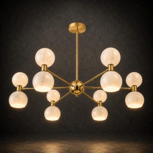Modern Alabaster Chandelier | Brass & Marble Globe Pendant Light | Luxury Sputnik Ceiling Fixture | Mid Century Modern Decor | Hanging Lamp