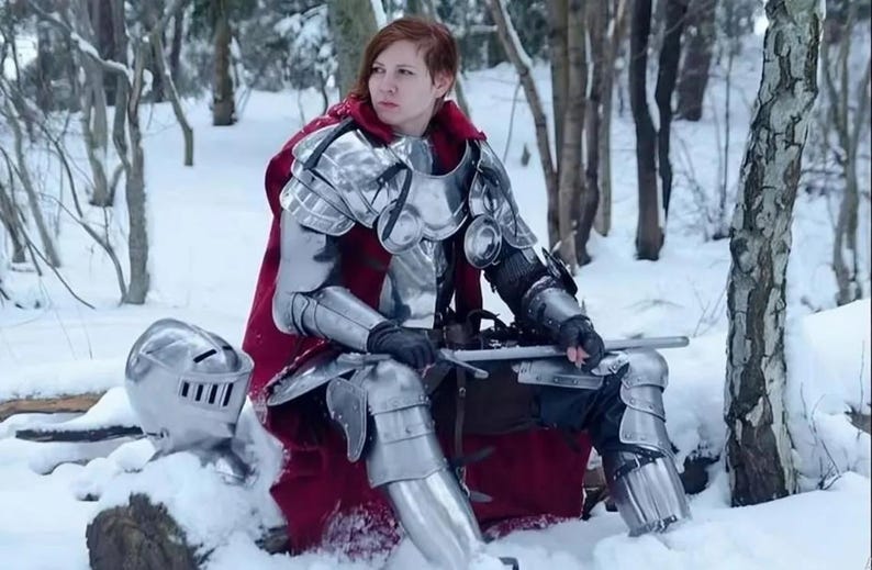 May include: A person wearing full plate armor, including a helmet, chest plate, and leg armor, sits in a snowy forest. The armor is silver-colored and worn over a red cape. A sword is held in the person's hands.