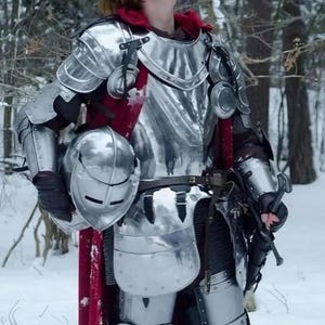 May include: A person wearing full plate armor, including a helmet, chest plate, and leg protection. The armor is silver-colored and reflects the light. A red cape is visible under the armor. The person is standing in a snowy forest.