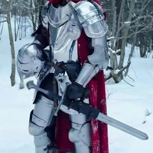 May include: A person wearing full plate armor, a red cape, and a helmet, holding a sword in a snowy forest. The armor is silver and reflective. The person is standing in deep snow.