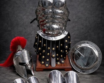 Leonidas Spartan Armor Set Silver Muscle Cuirass Helmet Red Plume Shield Greaves Roman Warrior Costume LARP SCA Medieval Halloween Cosplay