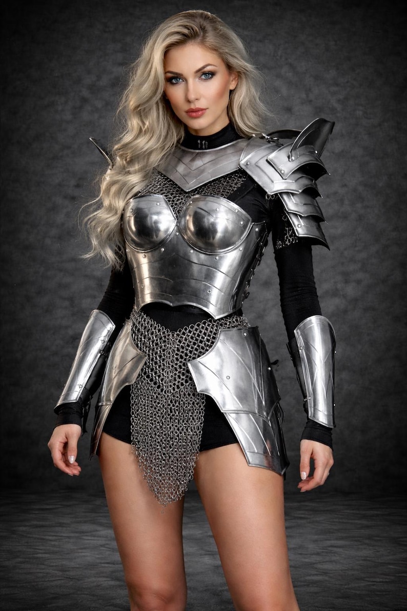 Pu&ograve; includere: Un pettorale, spallacci e bracciali in metallo argentato indossati sopra una maglia nera a maniche lunghe e pantaloncini. Il set di armatura include una gonna e un pezzo pettorale in cotta di maglia, con superfici metalliche lucide e rivetti.