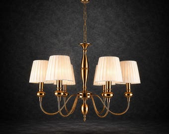 Luxury Gold 6 Chandelier Modern Brass Hanging Lamp Mid Century Ceiling Pendant Lighting Plated Fabric Shade Light for Living Room Decor