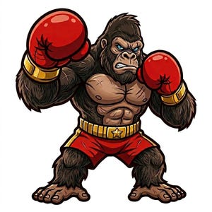 Puede incluir: Ilustración de dibujos animados de un gorila con atuendo de boxeo. El gorila lleva guantes de boxeo rojos, pulseras doradas y pantalones cortos rojos con ribetes dorados. El gorila tiene una expresión severa y está listo para pelear.