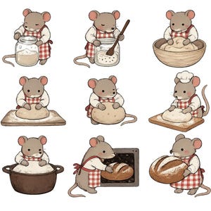 May include: A series of illustrations depicting a mouse in a chef's apron and checkered apron baking bread. The mouse is shown measuring ingredients, kneading dough, and baking a loaf of bread. The illustrations are in a cartoon style.
