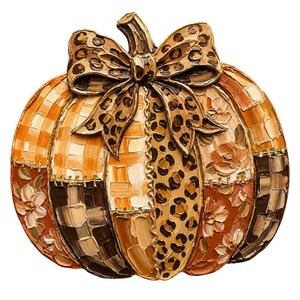 May include: A decorative pumpkin ornament featuring a patchwork design with thick, textured paint strokes. The surface displays alternating sections of orange and white checkered patterns, brown and tan squares, floral motifs, and a leopard print bow.