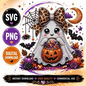 Fantasmino carino con strass PNG / Fantasma di Halloween con design per sublimazione / Fantasma con fiocco leopardato / Maglietta di Halloween PNG / Download digitale