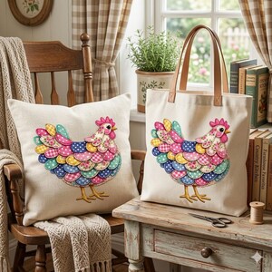 May include: A square throw pillow and a canvas tote bag, both featuring a colourful chicken illustration with patterned feathers in shades of pink, yellow, blue, and green. The chicken has a red comb and yellow feet on a cream-coloured background.