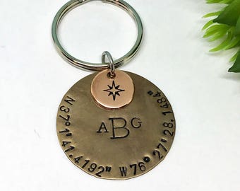 Latitude Longitude  Keychain,  Personalized Gifts for Him, Compass Keychain, Wedding Gift Ideas for Men