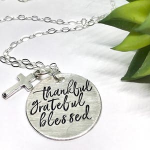 Thanksgiving Host gift, Thankful Grateful Blessed Necklace, Sterling Silver Jewelry, Hand Stamped Jewelry, gifts for mom image 6