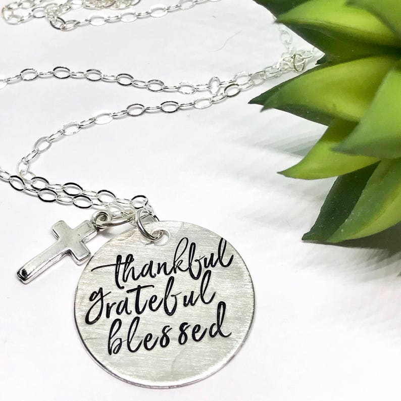 Thanksgiving Host gift, Thankful Grateful Blessed Necklace, Sterling Silver Jewelry, Hand Stamped Jewelry, gifts for mom image 1