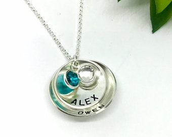 Layered disc kids name necklace, Personalized Mother's Jewelry, Sterling Silver Mommy Jewelry, Birthstone Charms, GIfts for Mom