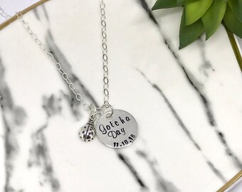 GOTCHA Day Necklace, Adoption Jewelry, Sterling SIlver Dated Jewelry, Personalized Necklace, Ladybug charm, Adoption Gift