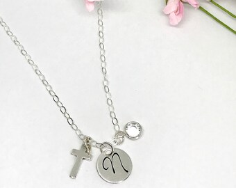 Dainty Cross Necklace, Birthstone Necklace, Initial Necklace, First Communion Gifts for Girls