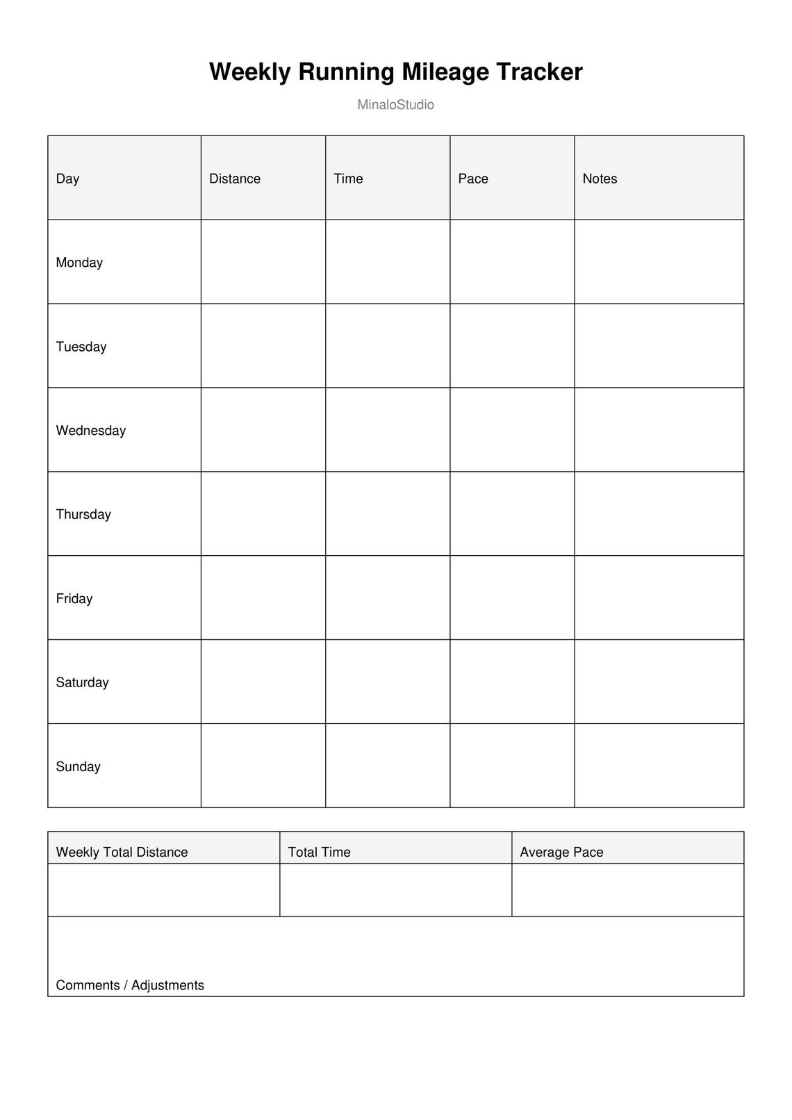 Distance Tracker Fill In Weekly Running Mileage Tracker | Printable Running Log | Distance ...